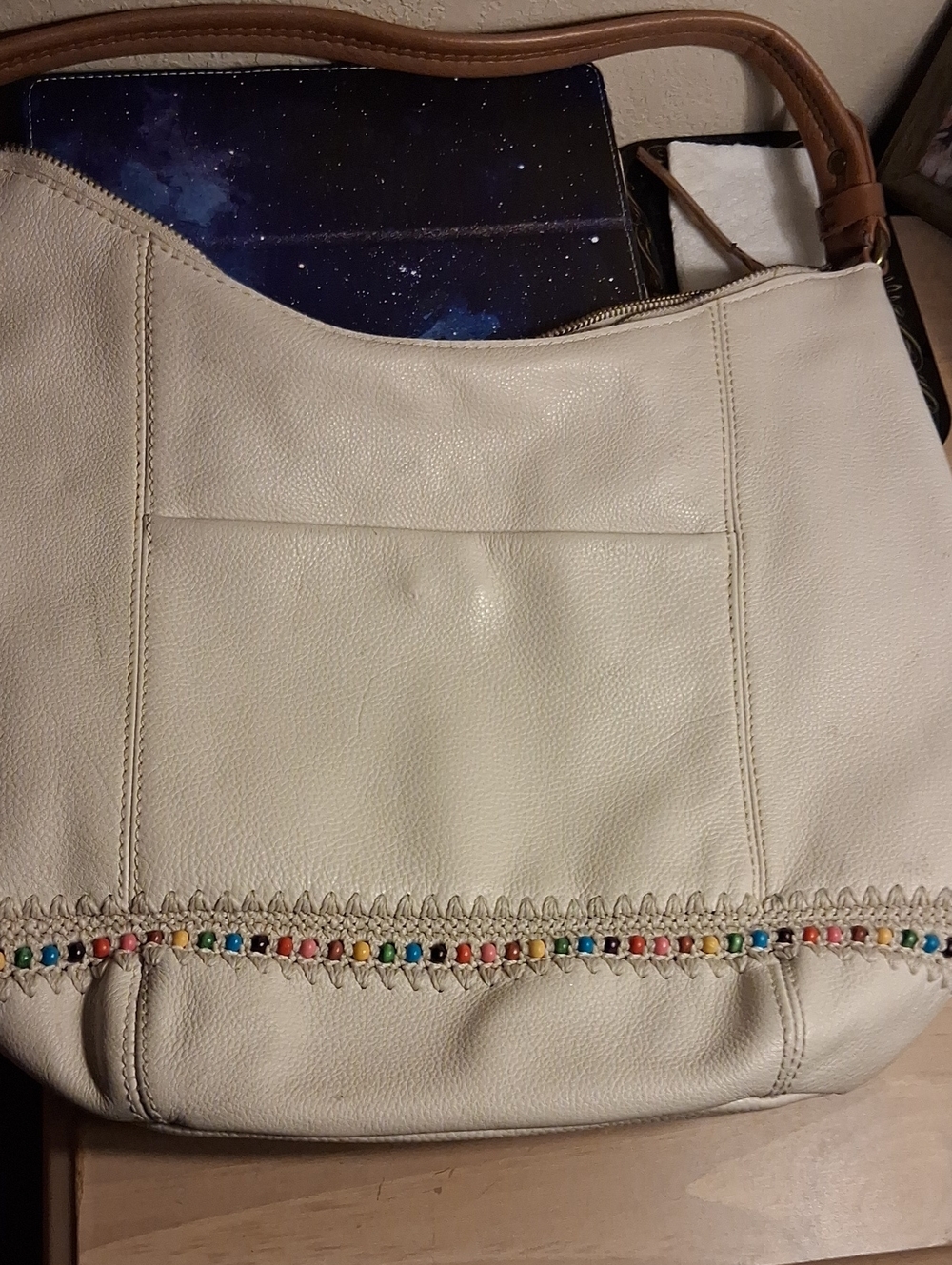 Cream Shoulder Bag with Multicolor Bead Trim